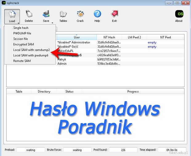 ophcrack w Windows - poradnik łamania hasła